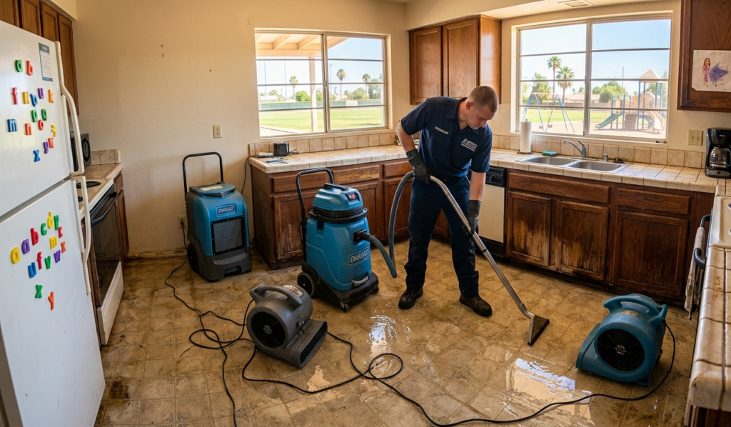 Water damage technician extracting water from flooded kitchen in a Maryvale Phoenix family home with Maryvale Park visible
