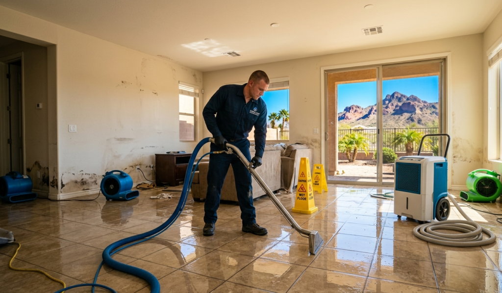 Water damage restoration technician inside a South Mountain Phoenix home with the iconic South Mountain Park ridgeline visible