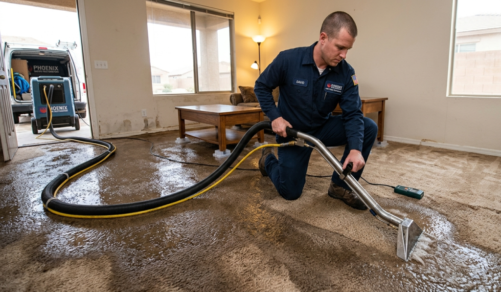 Technician using truck-mounted extraction machine to remove water from wet carpet in Phoenix AZ home