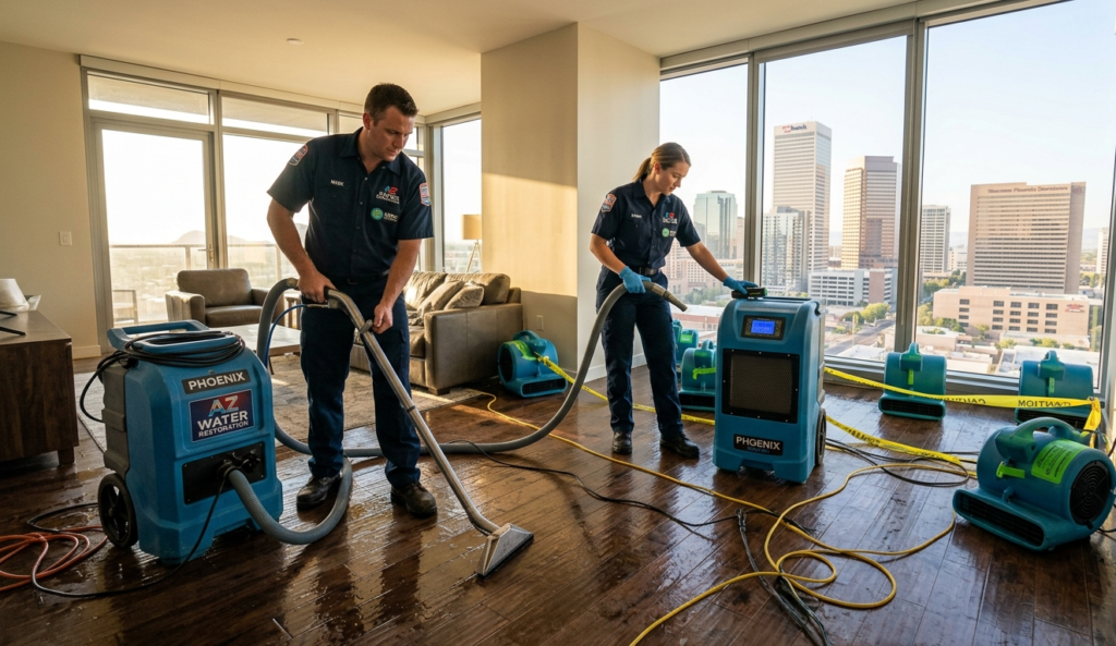 Water damage restoration team working in a flooded Downtown Phoenix condo with city skyline visible