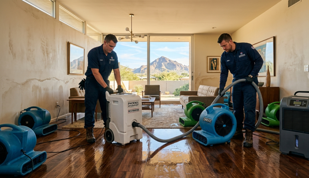 Water damage restoration technicians working inside a Camelback East Phoenix home with Camelback Mountain visible through the window