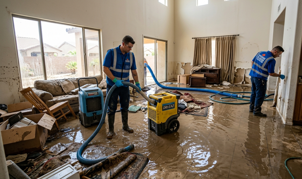 Flood damage cleanup service in Phoenix removing water from flooded home