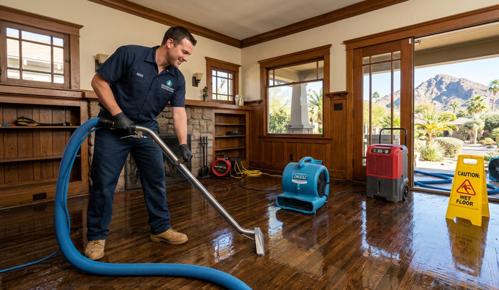 Water damage restoration technician working inside a historic Arcadia Phoenix home with Camelback Mountain in background