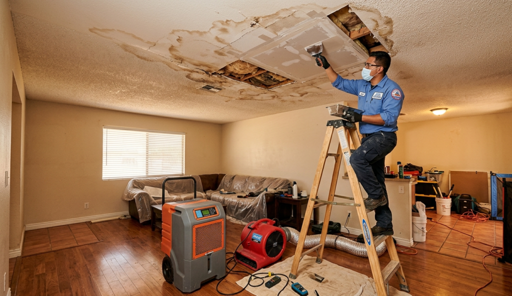 Ceiling water repair service being performed by professional technician in Phoenix AZ