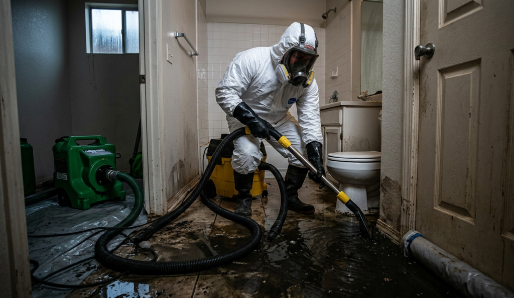 Hazmat-suited technician extracting sewage black water from flooded bathroom in Phoenix AZ home