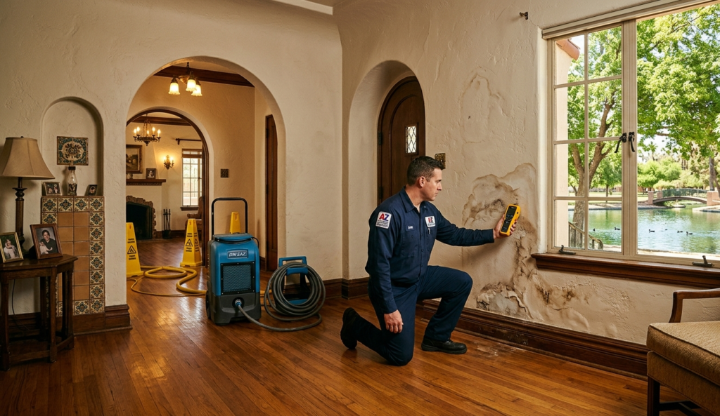 Water damage technician inspecting moisture in a historic Encanto Phoenix home with Encanto Park lagoon visible in background