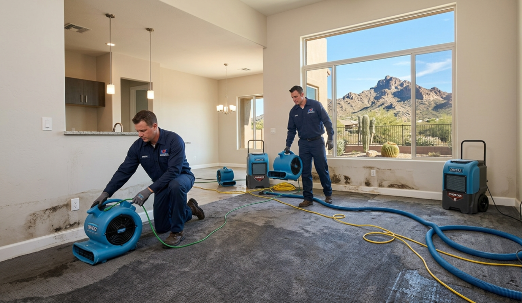 Water damage restoration team working inside a Deer Valley Phoenix home with Lookout Mountain Preserve visible through window