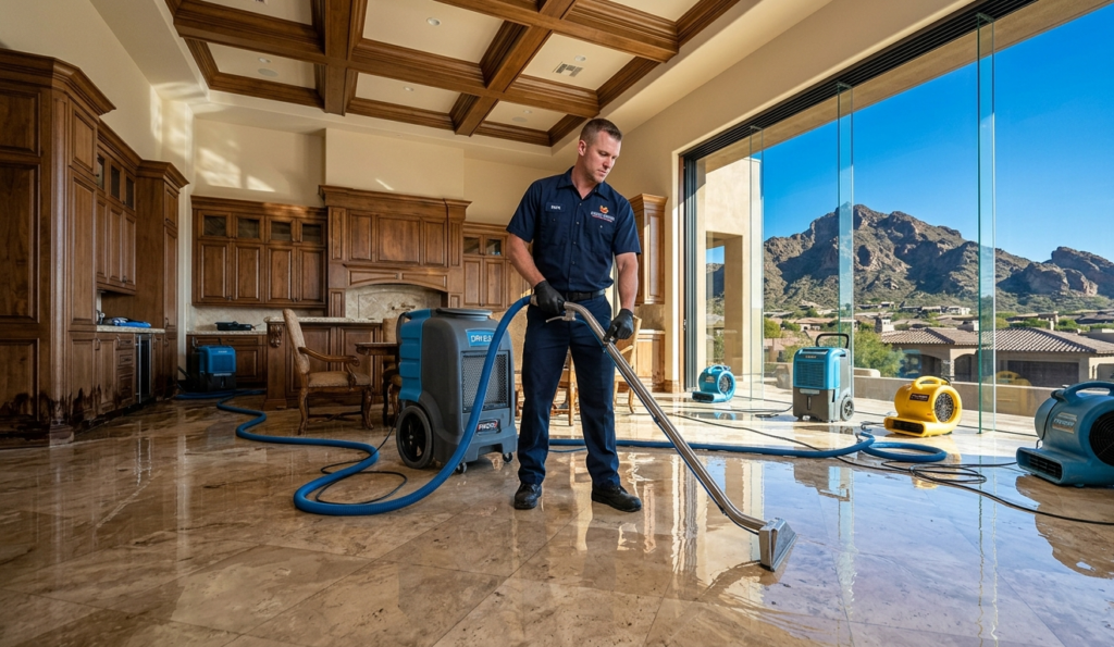 Water damage restoration inside a luxury Paradise Valley Arizona estate with Mummy Mountain visible through panoramic windows