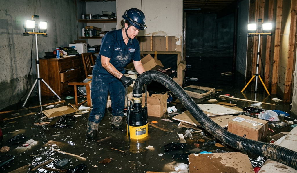 Water damage technician using submersible pump to extract flood water from flooded basement in Phoenix AZ