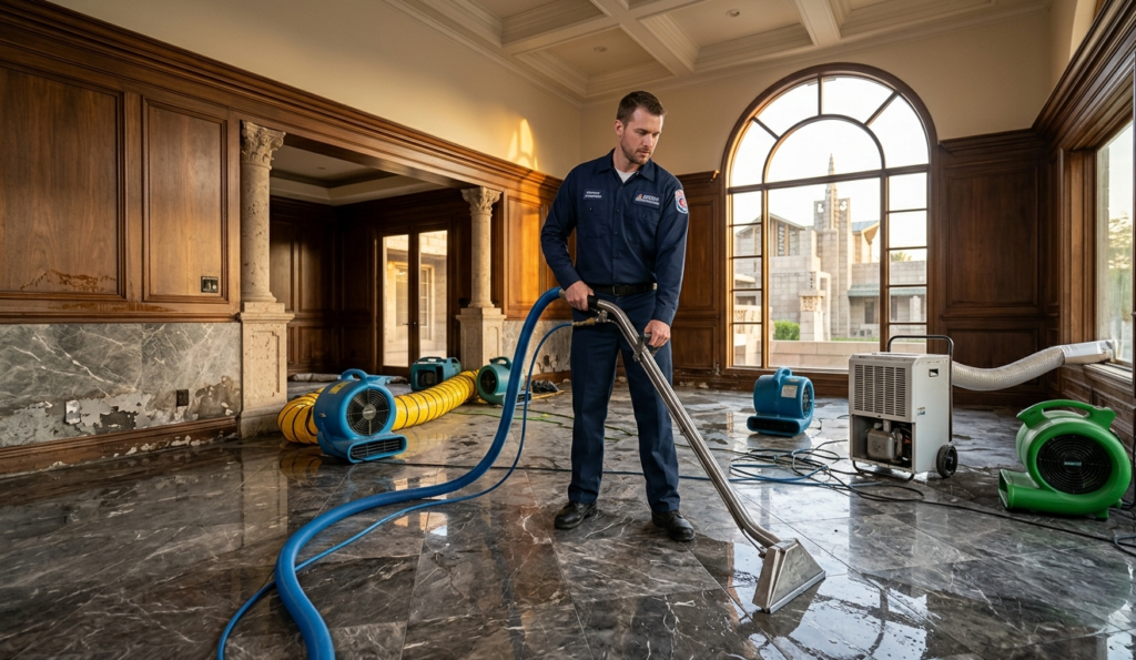 Water damage restoration inside a luxury Biltmore Phoenix home with the Arizona Biltmore Resort visible in background