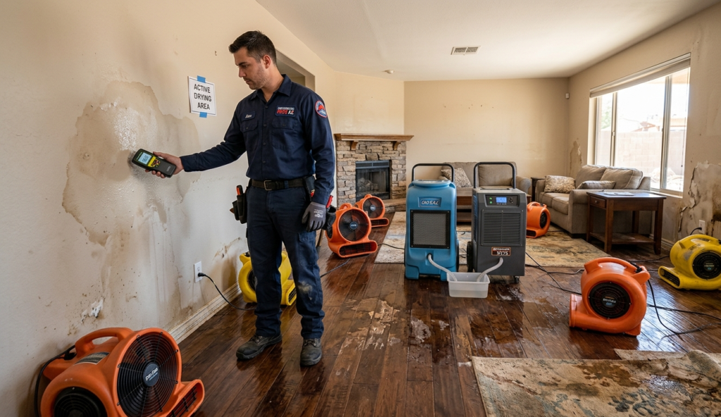 Industrial air movers and dehumidifiers set up for structural drying in Phoenix AZ home