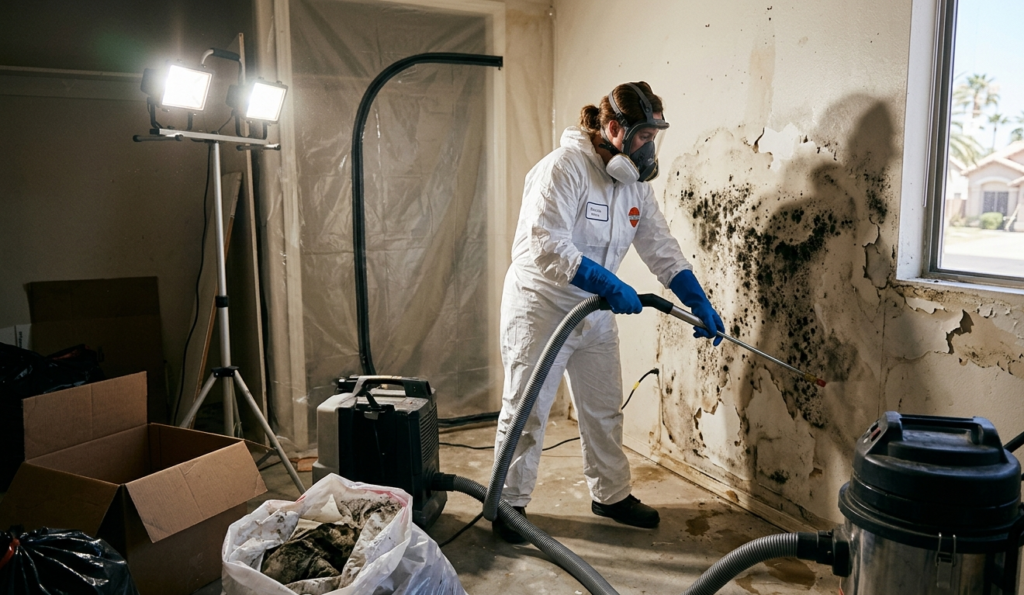 Certified mold removal technician treating black mold on wall in Phoenix home