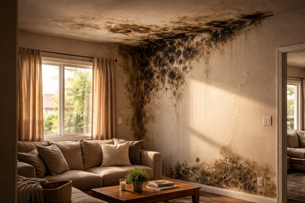 Early-stage mold growth on wall and ceiling after water damage inside a modern Phoenix, Arizona home with visible moisture stains and bubbling paint