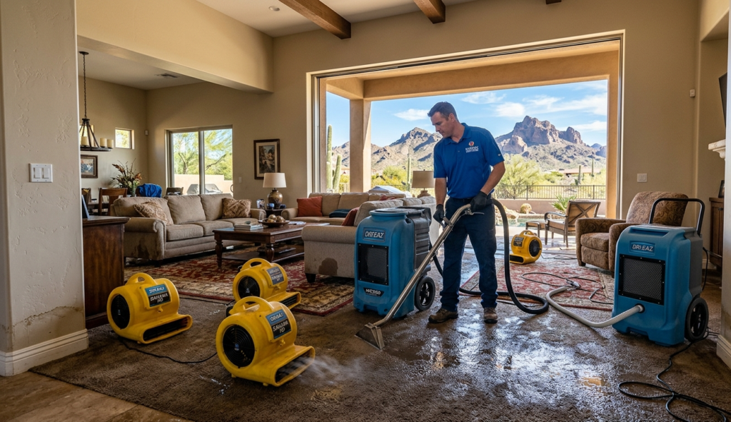 Water damage restoration technician extracting water inside an Ahwatukee Foothills home with South Mountain Park visible in the background